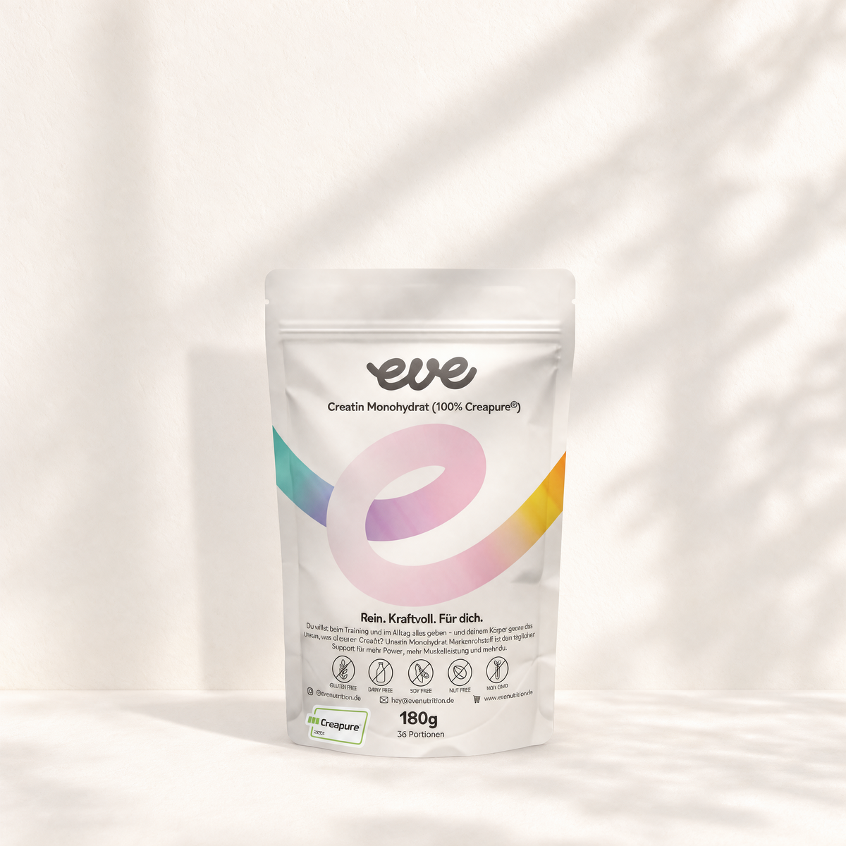 A white stand-up pouch of Eve Creatine Monohydrate 100% Creapure supplement powder, 180g.